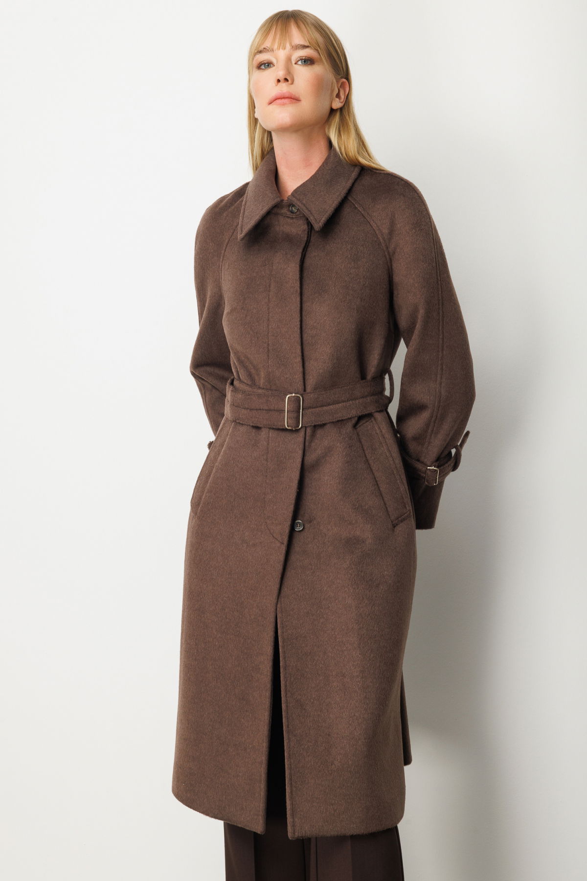 Ekol Kadın Kolu ve Beli Kemerli Kaşe Kaban 6057 Kahverengi - 3