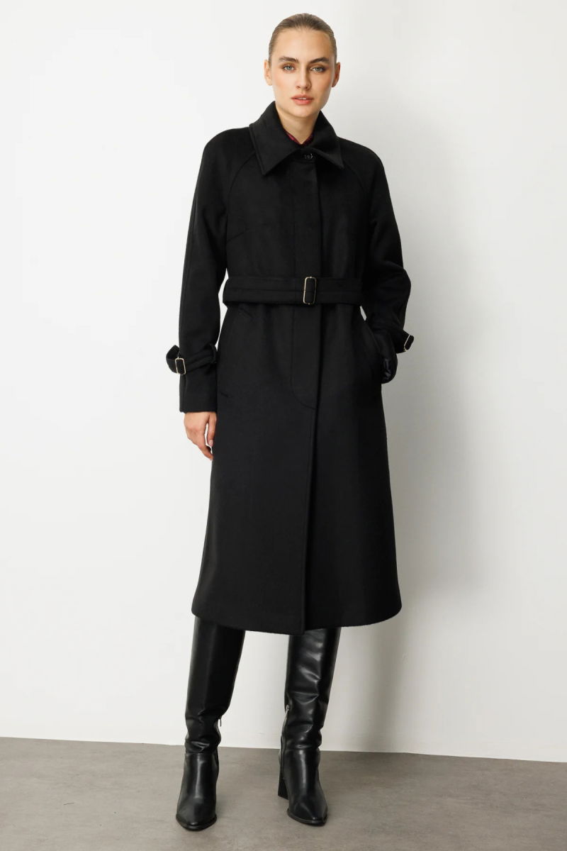 Ekol Kadın Kolu ve Beli Kemerli Kaşe Kaban 6057 Siyah - Ekol