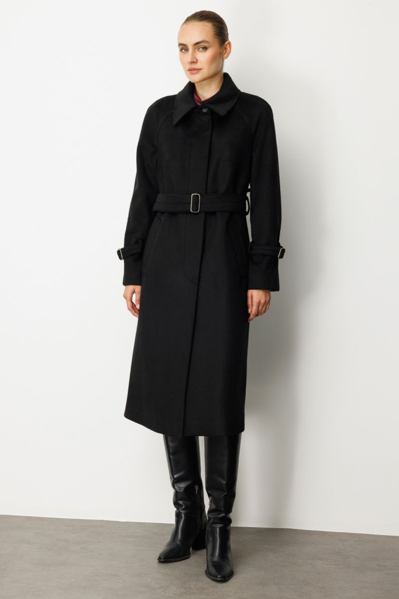 Ekol Kadın Kolu ve Beli Kemerli Kaşe Kaban 6057 Siyah - 2