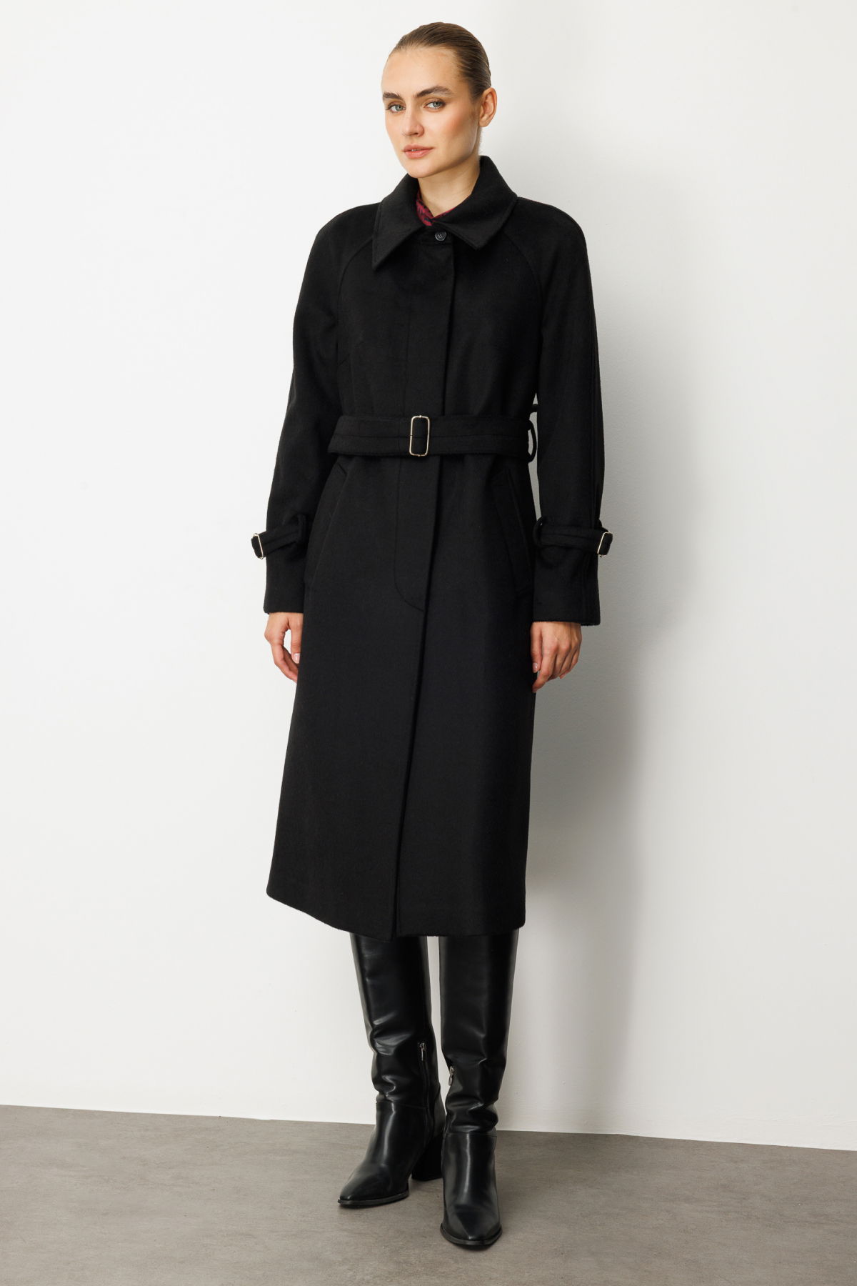 Ekol Kadın Kolu ve Beli Kemerli Kaşe Kaban 6057 Siyah - 2