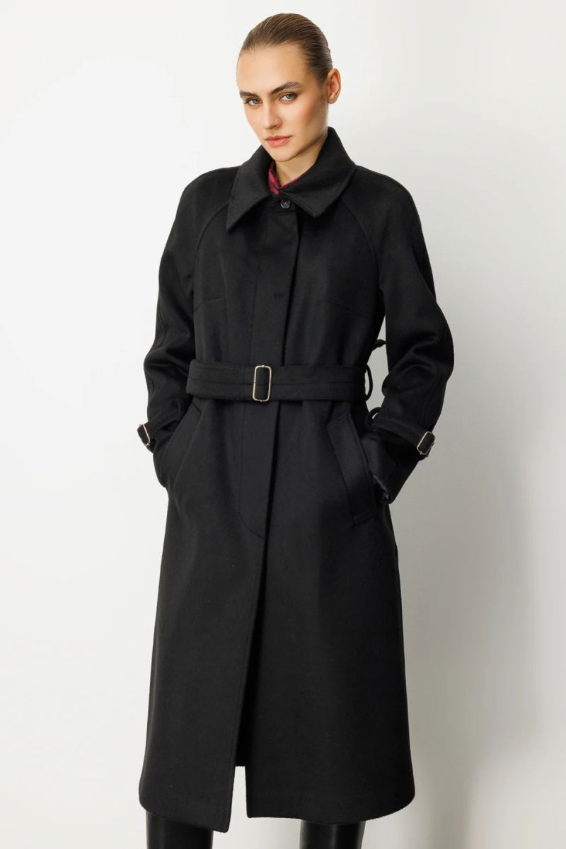 Ekol Kadın Kolu ve Beli Kemerli Kaşe Kaban 6057 Siyah - 3