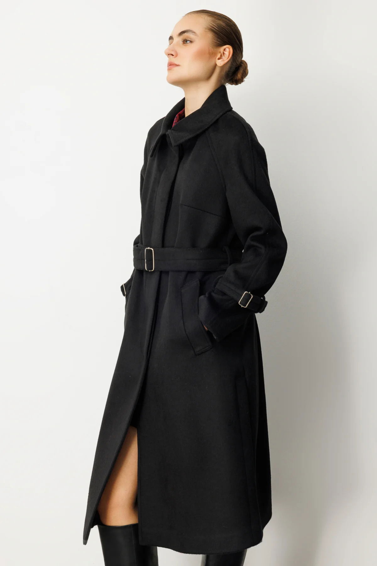 Ekol Kadın Kolu ve Beli Kemerli Kaşe Kaban 6057 Siyah - 4