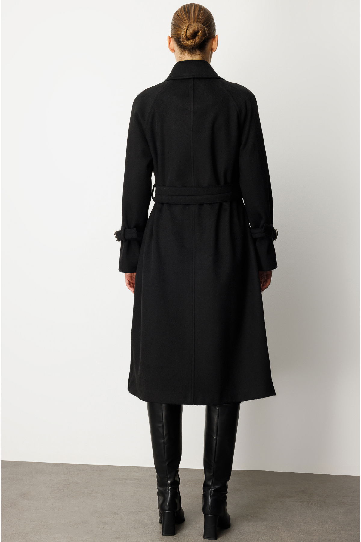 Ekol Kadın Kolu ve Beli Kemerli Kaşe Kaban 6057 Siyah - 5