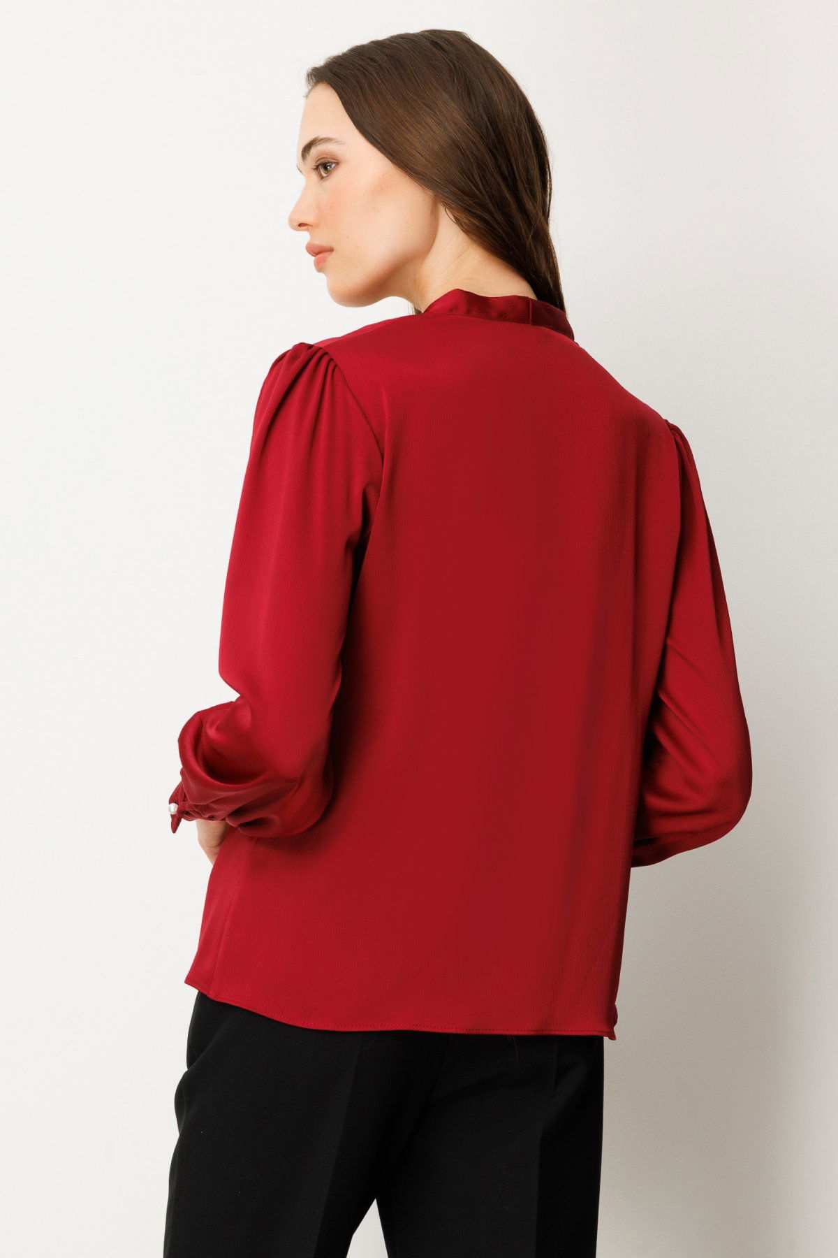 Ekol Kadın Kolye Aksesuarlı V Yaka Bluz 3013 Bordo - 4