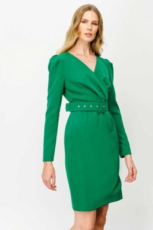 Ekol Kadın Kruvaze Kemerli Elbise 5025 Yeşil - 4