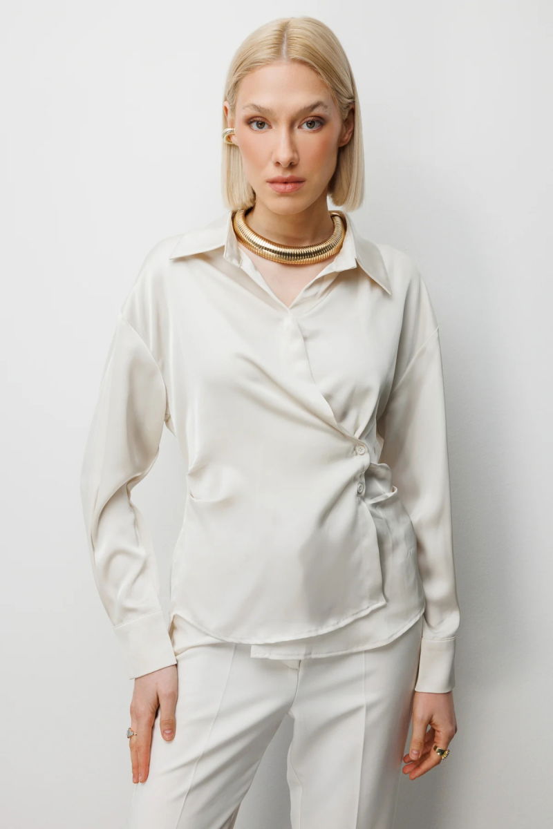 Ekol Kadın Kruvaze Yaka Bağcıklı Gömlek 2862 İnci - Ekol