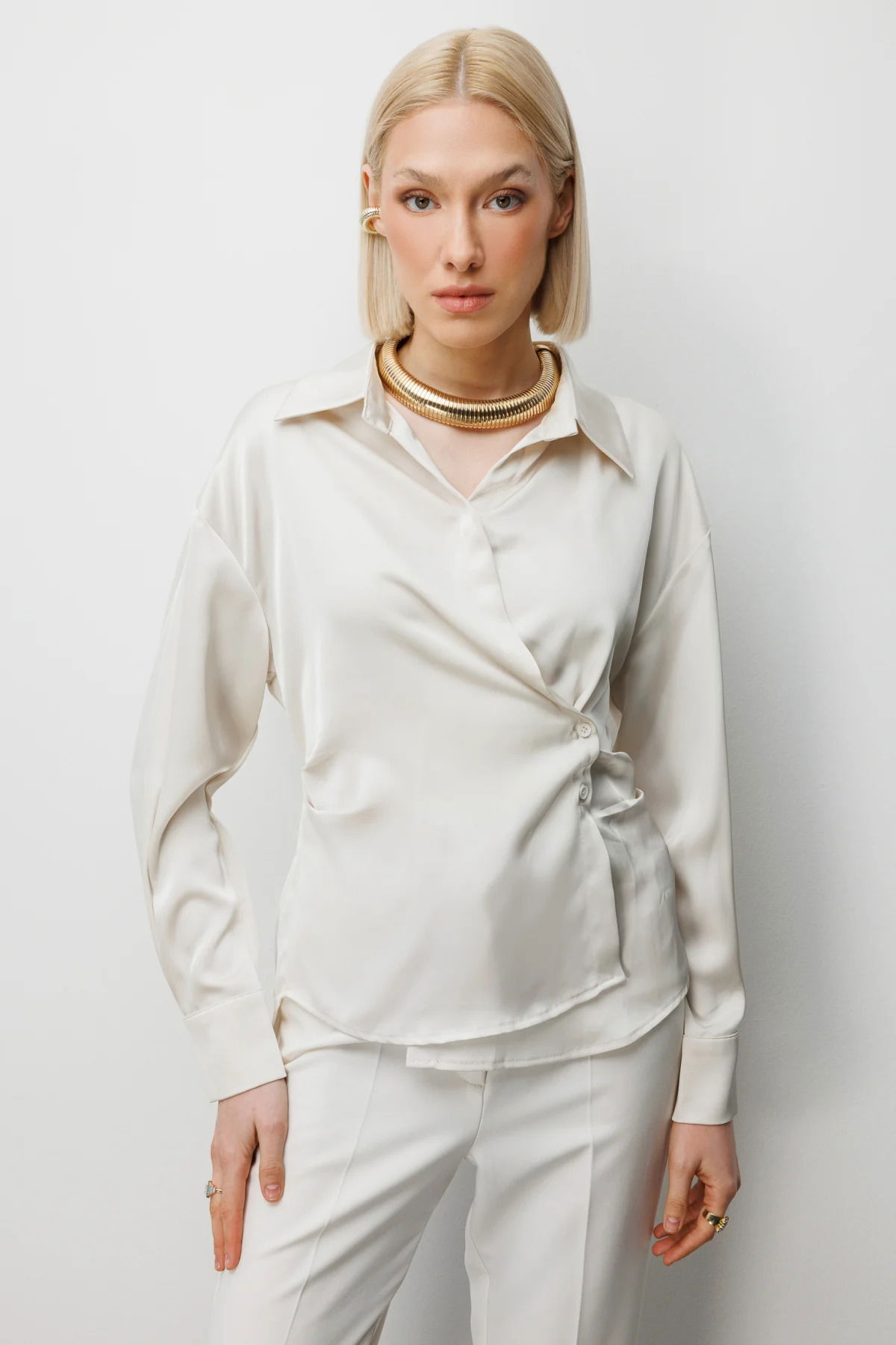 Ekol Kadın Kruvaze Yaka Bağcıklı Gömlek 2862 İnci - 1