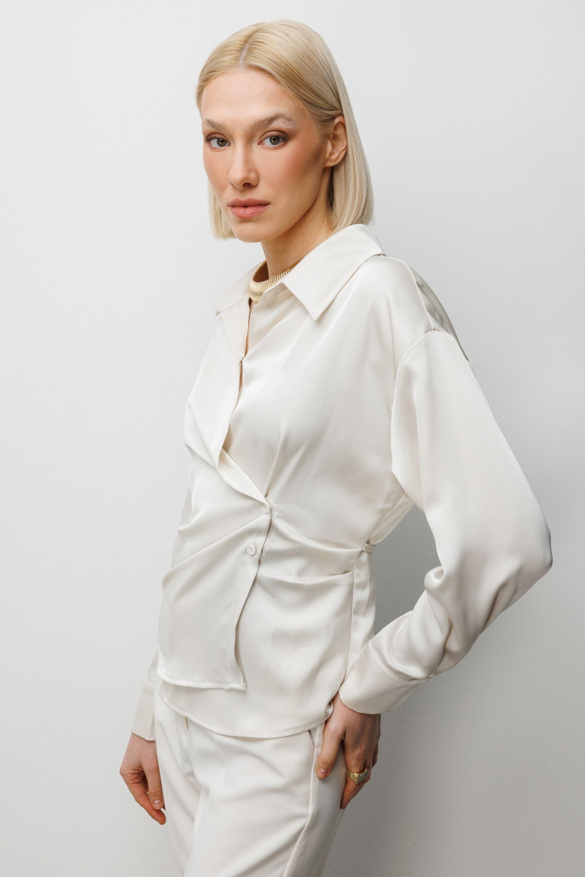 Ekol Kadın Kruvaze Yaka Bağcıklı Gömlek 2862 İnci - 2