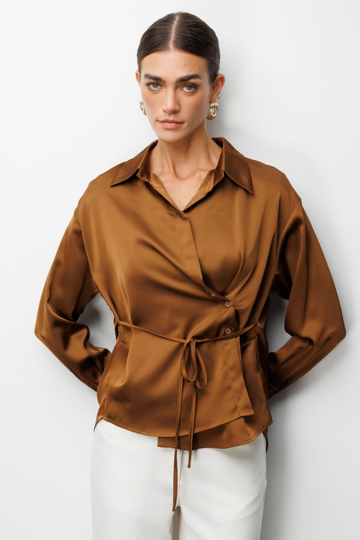 Ekol Kadın Kruvaze Yaka Bağcıklı Gömlek 2862 Kakao - 1