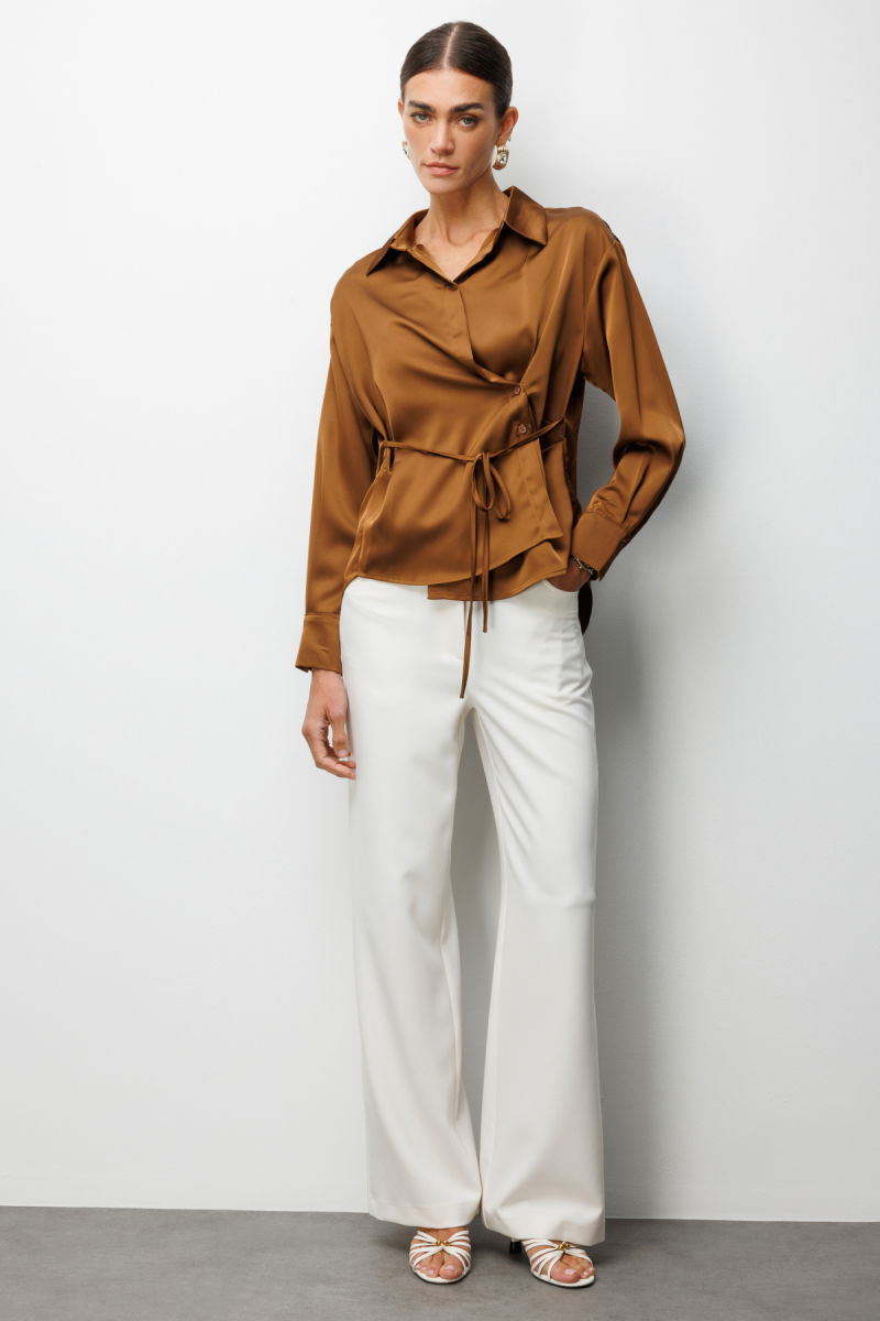 Ekol Kadın Kruvaze Yaka Bağcıklı Gömlek 2862 Kakao - 3