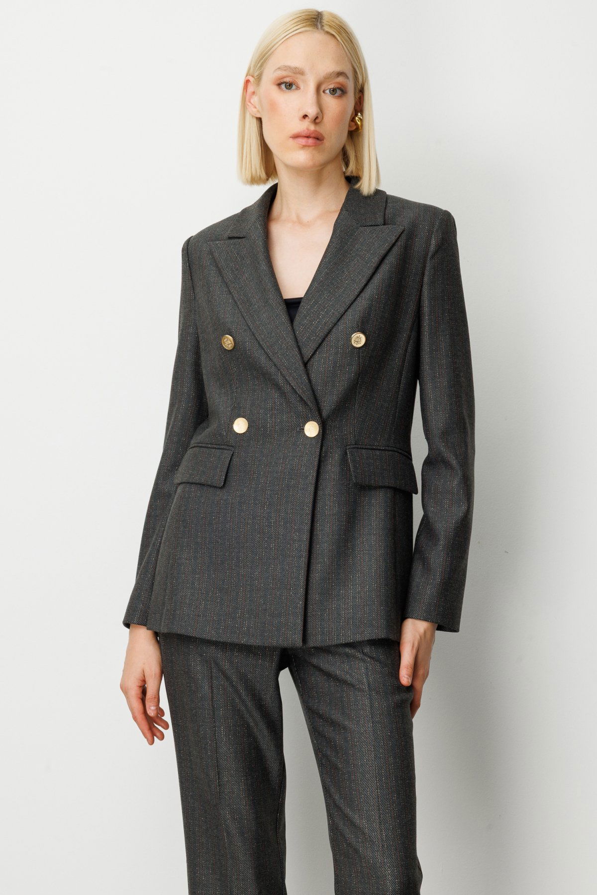 Ekol Kadın Kruvaze Yaka Çizgi Desenli Ceket 5107 Siyah - 1