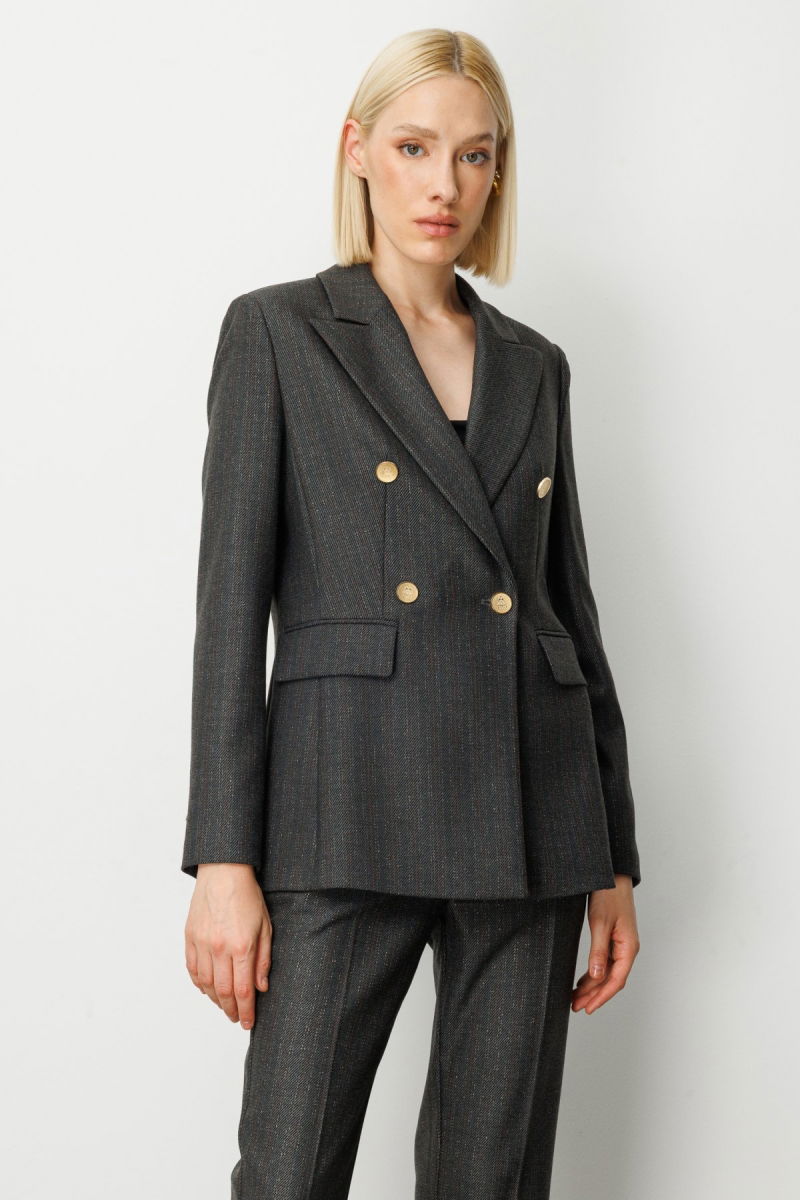 Ekol Kadın Kruvaze Yaka Çizgi Desenli Ceket 5107 Siyah - 2