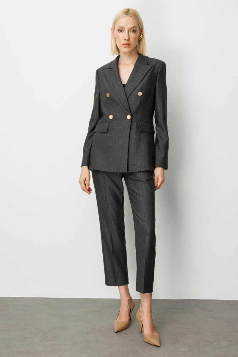 Ekol Kadın Kruvaze Yaka Çizgi Desenli Ceket 5107 Siyah - 3