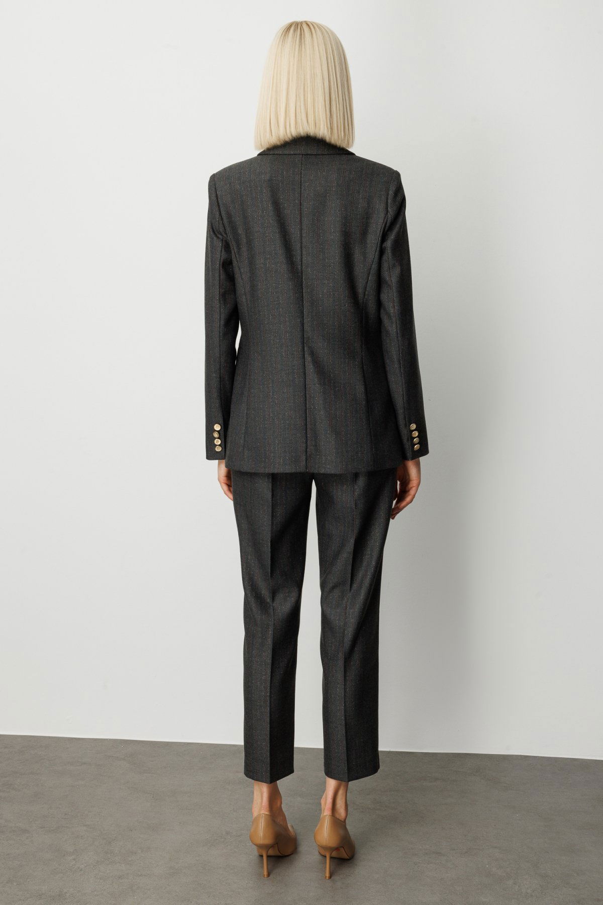 Ekol Kadın Kruvaze Yaka Çizgi Desenli Ceket 5107 Siyah - 4