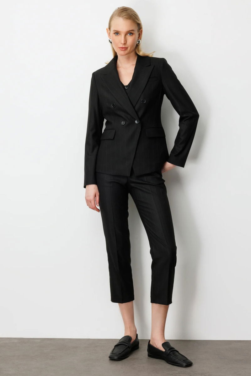 Ekol Kadın Kruvaze Yaka Çizgili Ceket 5123 Siyah - 3
