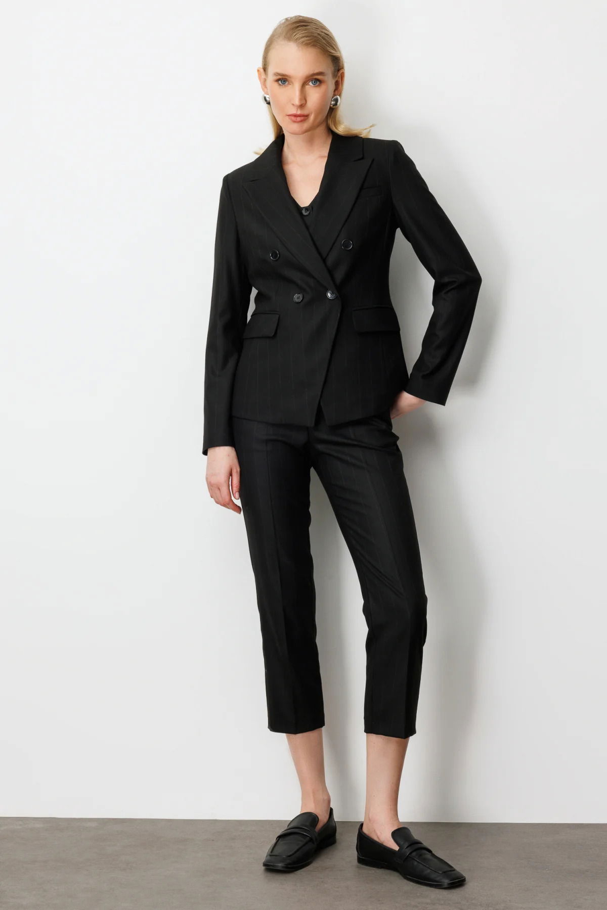 Ekol Kadın Kruvaze Yaka Çizgili Ceket 5123 Siyah - 3