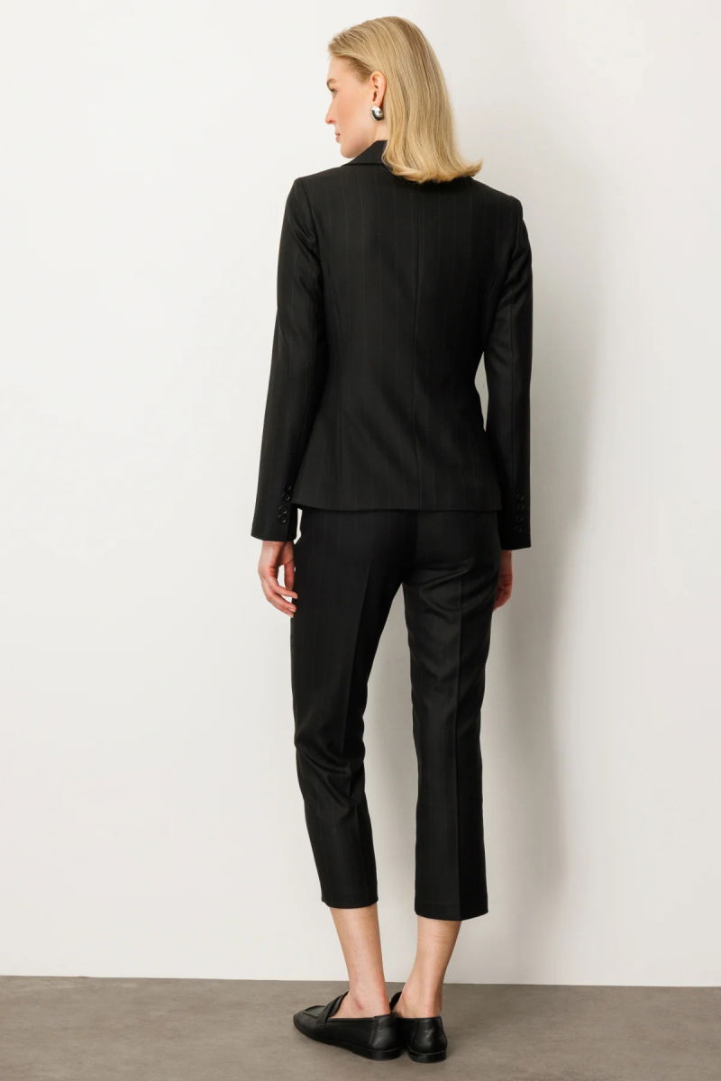 Ekol Kadın Kruvaze Yaka Çizgili Ceket 5123 Siyah - 4