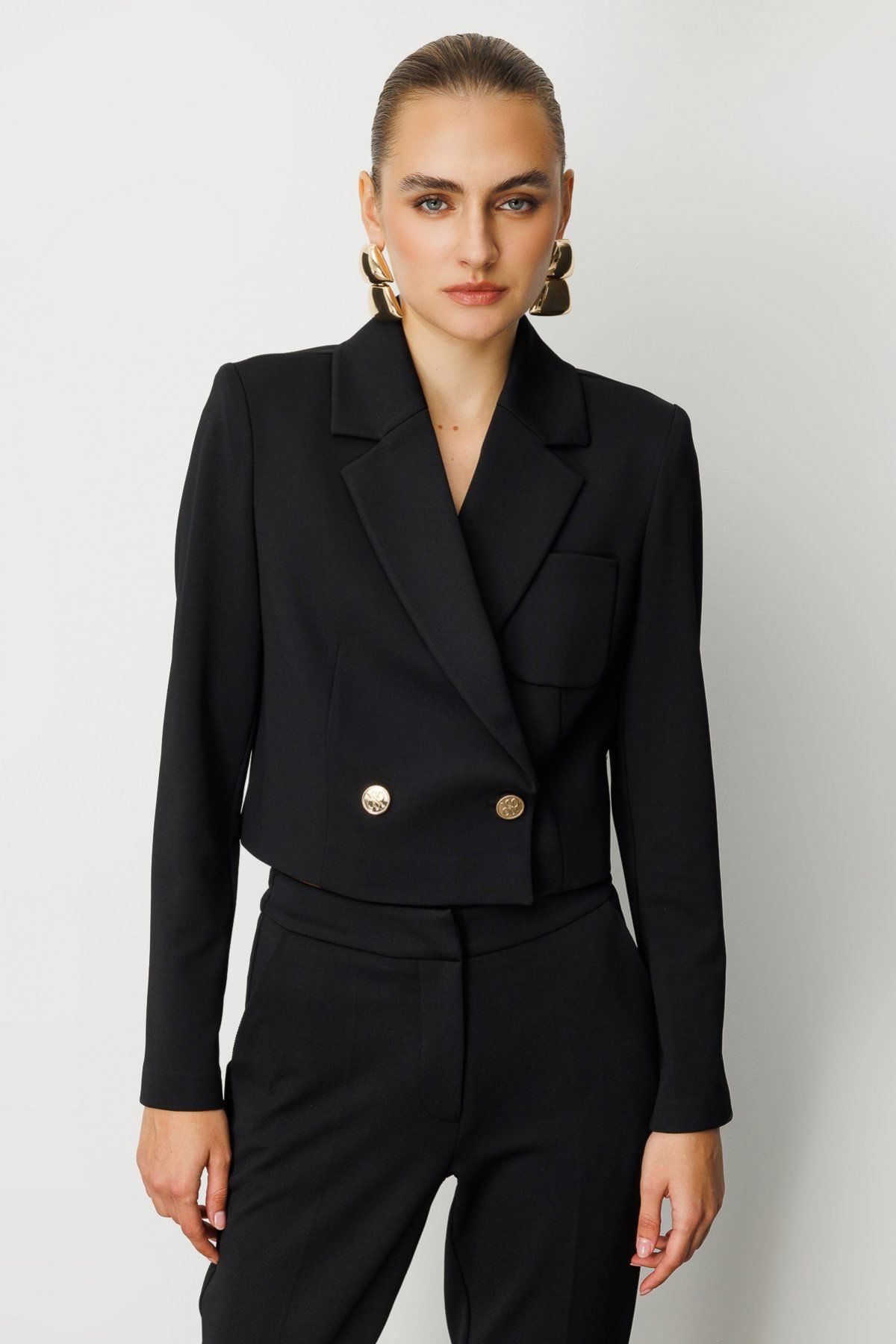 Ekol Kadın Kruvaze Yaka Crop Ceket 5029 Siyah - 1