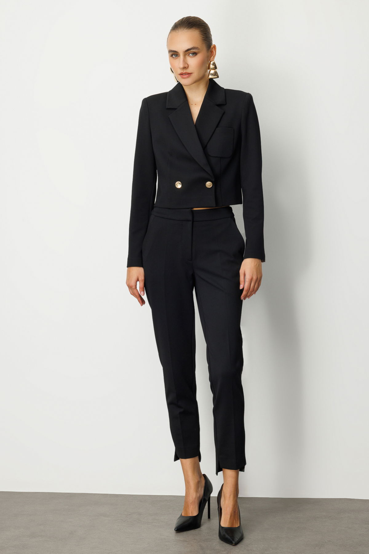 Ekol Kadın Kruvaze Yaka Crop Ceket 5029 Siyah - 3