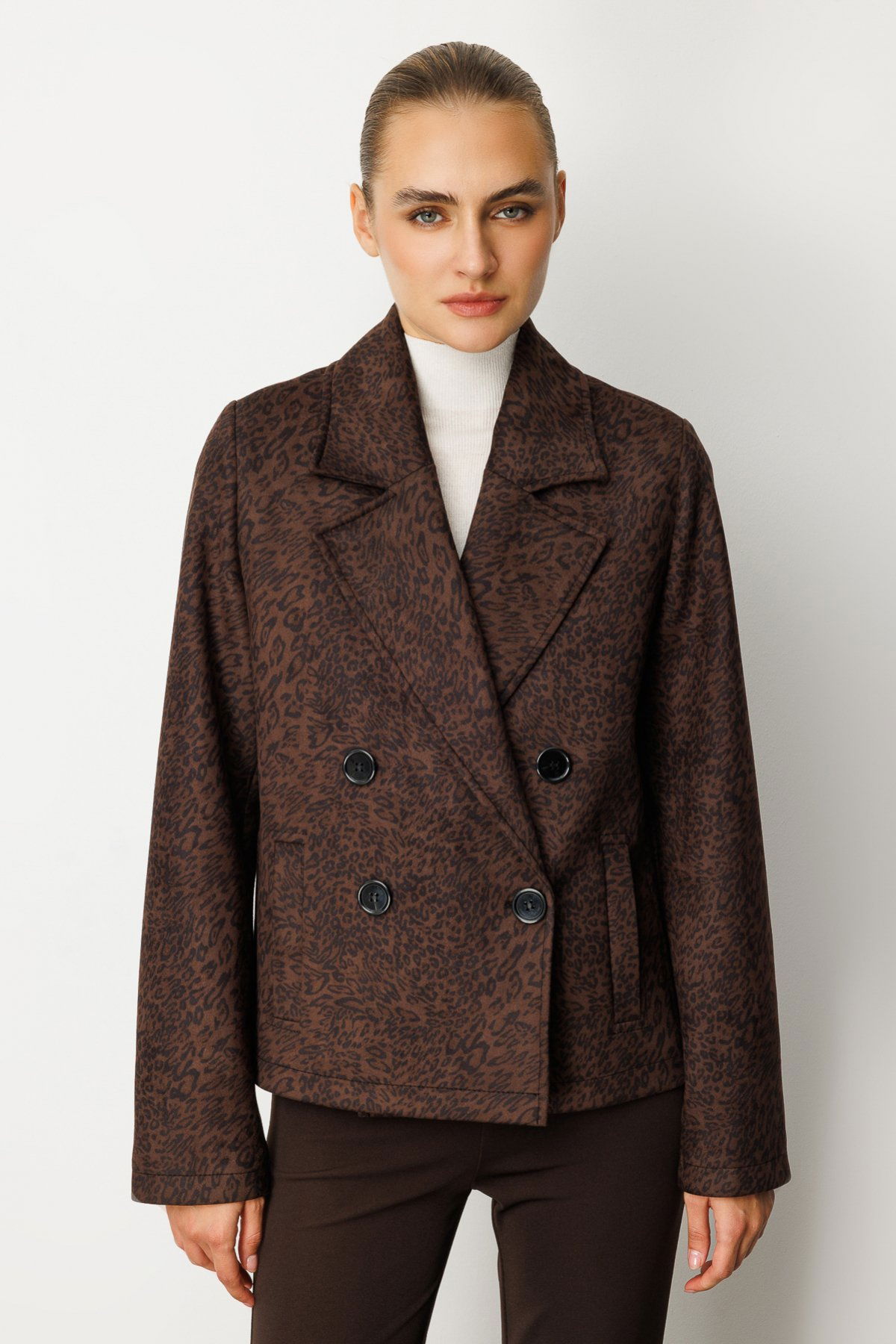 Ekol Kadın Kruvaze Yaka Desenli Mont 8021 Leopar - 1