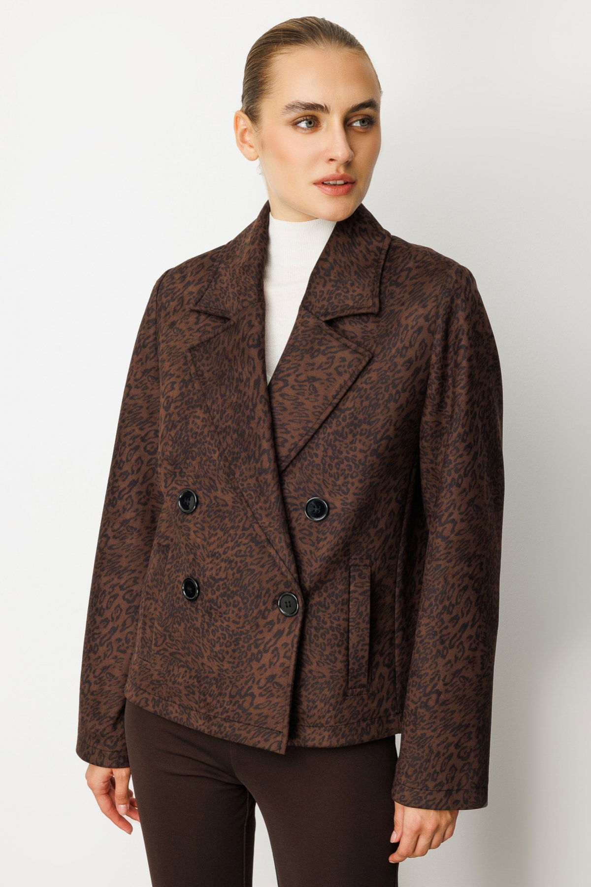 Ekol Kadın Kruvaze Yaka Desenli Mont 8021 Leopar - 2