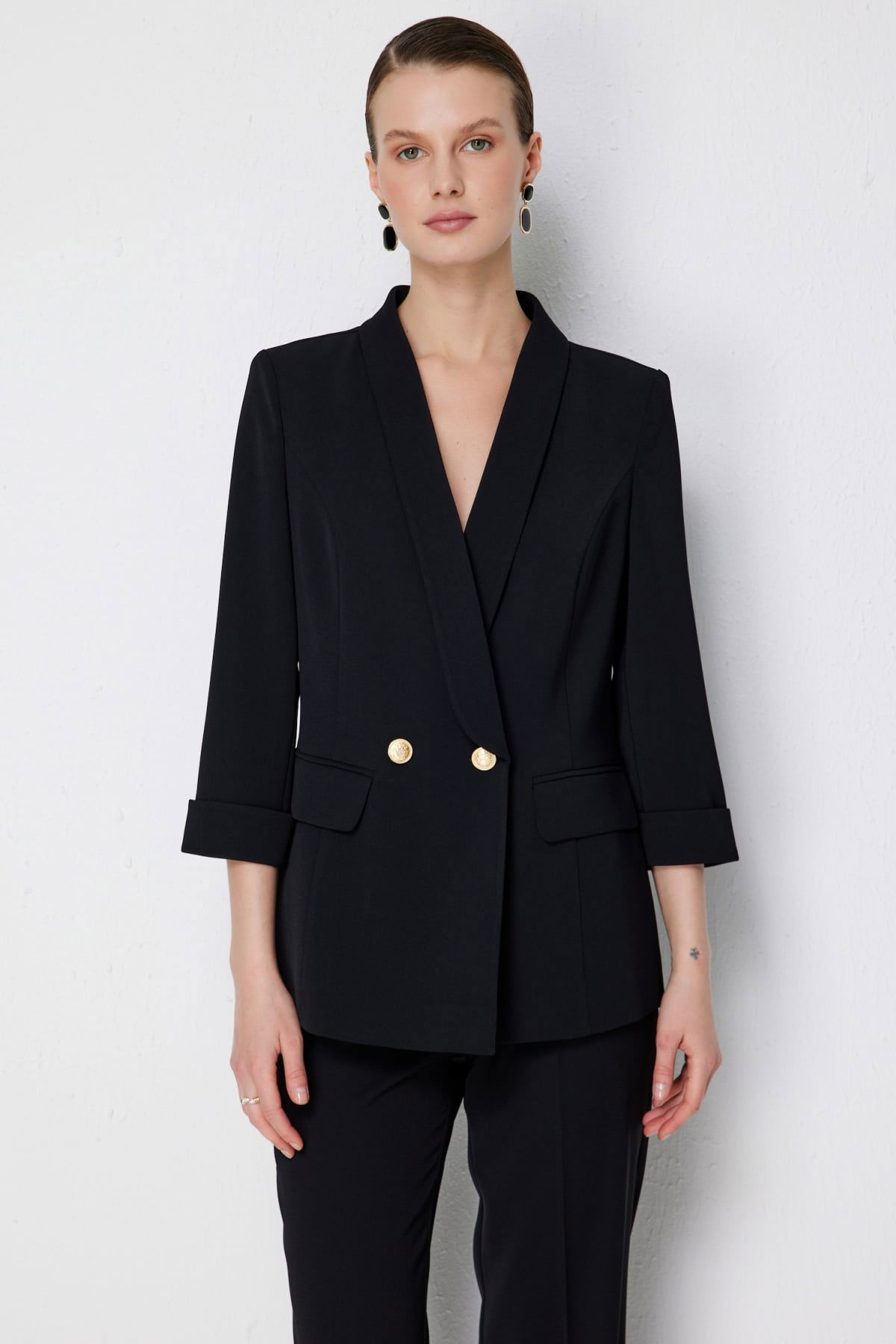 Ekol Kadın Kruvaze Yaka Duble Kol Ceket 1106 Siyah - 1