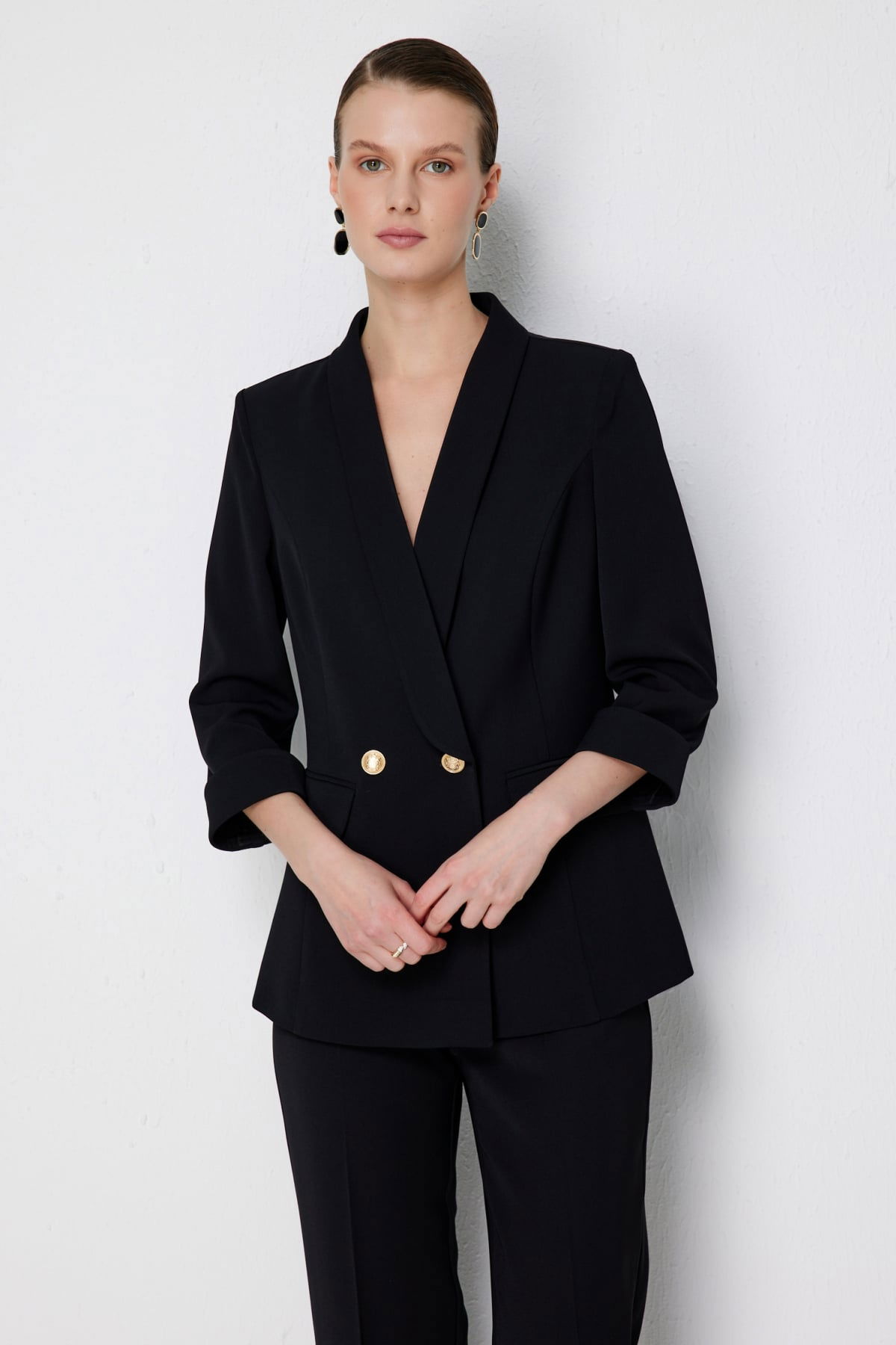 Ekol Kadın Kruvaze Yaka Duble Kol Ceket 1106 Siyah - 2