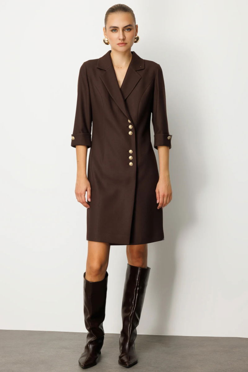Ekol Kadın Kruvaze Yaka Düğmeli Elbise 4009 Kahverengi - Ekol