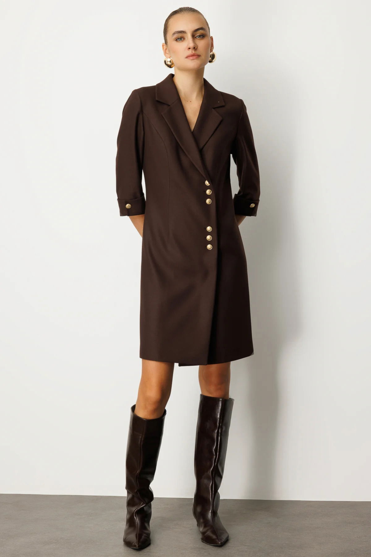 Ekol Kadın Kruvaze Yaka Düğmeli Elbise 4009 Kahverengi - 2