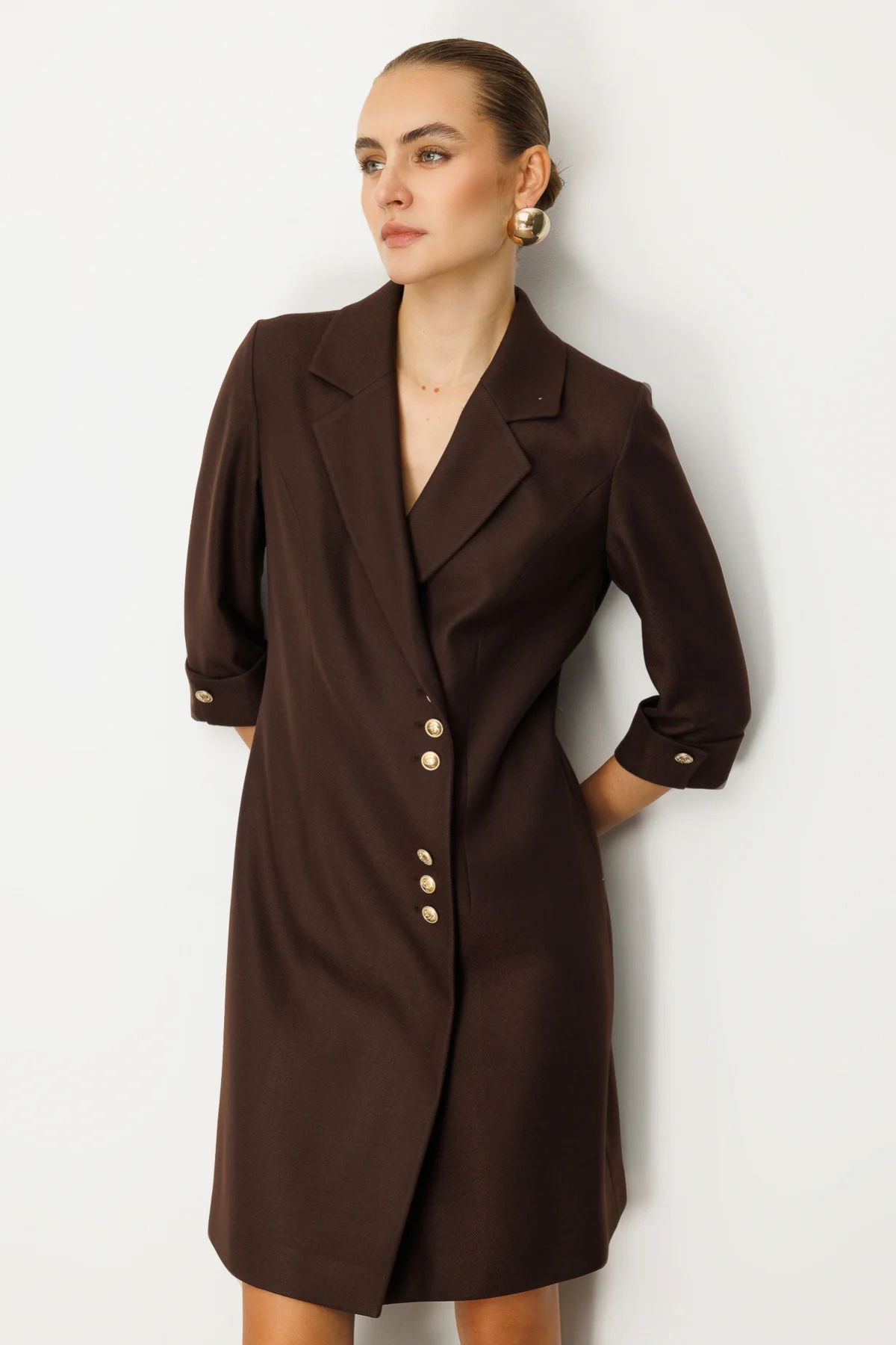 Ekol Kadın Kruvaze Yaka Düğmeli Elbise 4009 Kahverengi - 3