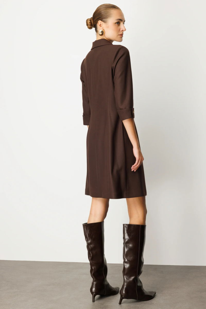 Ekol Kadın Kruvaze Yaka Düğmeli Elbise 4009 Kahverengi - 4