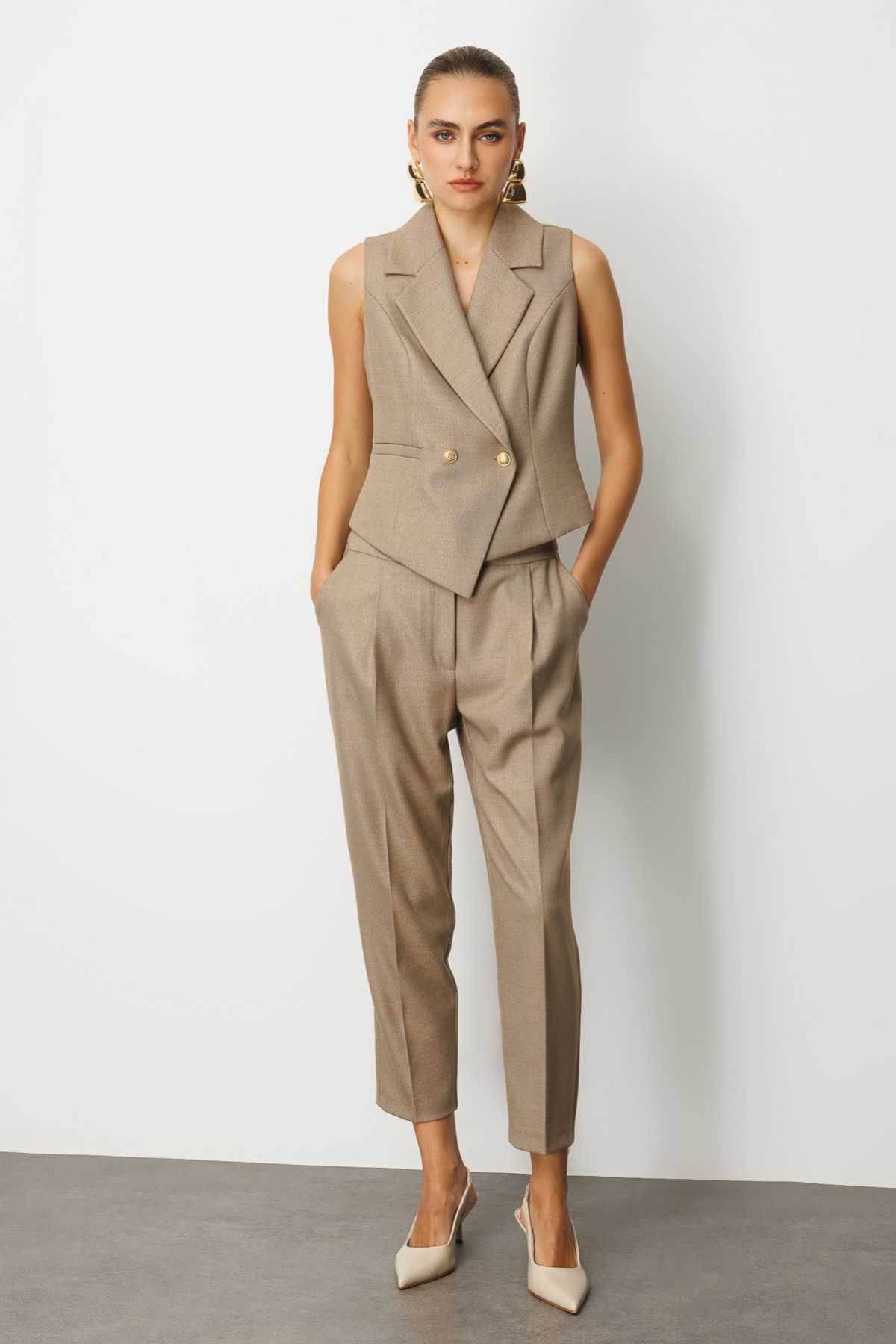 Ekol Kadın Kruvaze Yaka İnce Fitilli Yelek 5053 Gold - 3