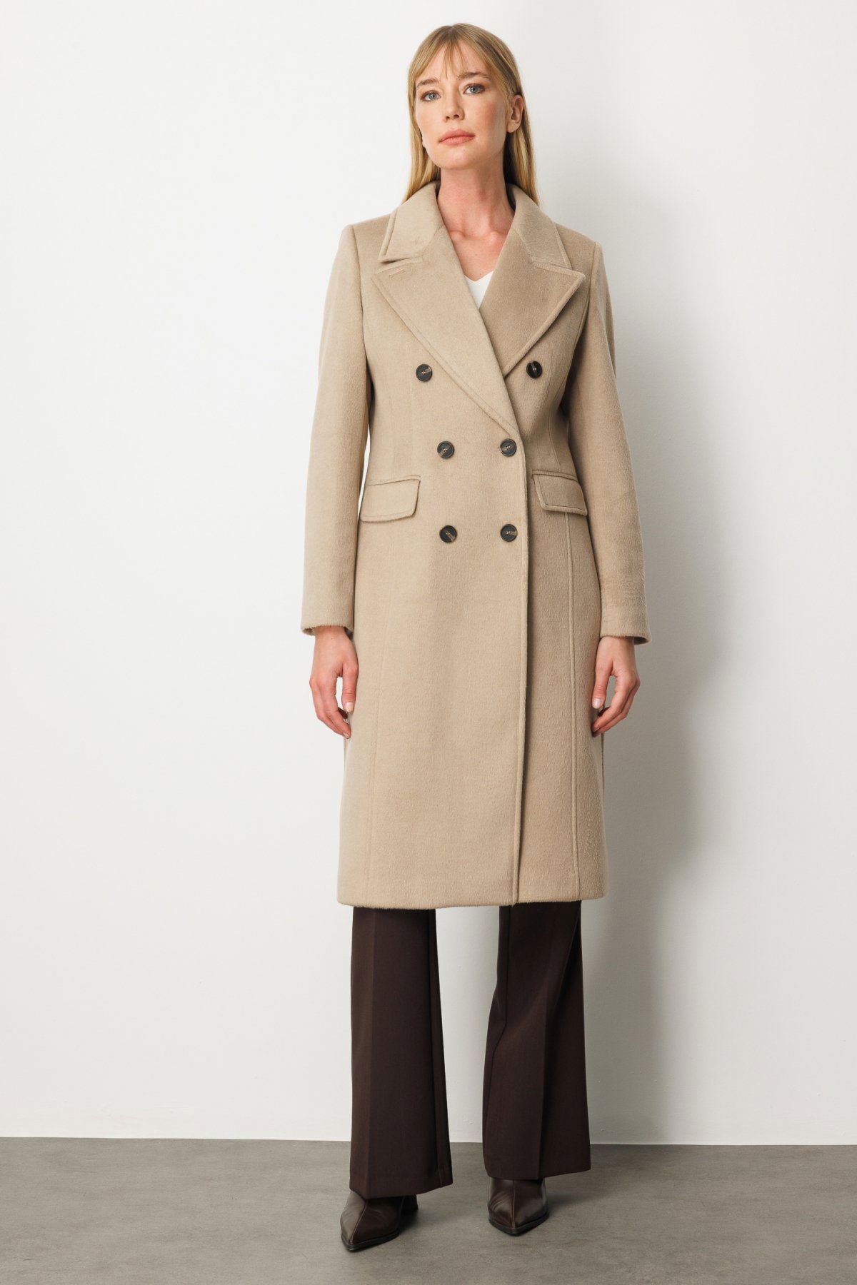 Ekol Kadın Kruvaze Yaka Kapak Cepli Kaban 6069 Kum - 1