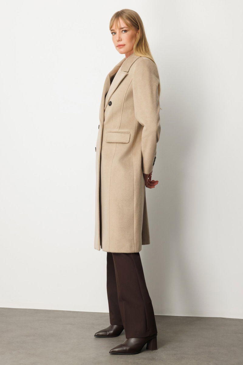 Ekol Kadın Kruvaze Yaka Kapak Cepli Kaban 6069 Kum - 3