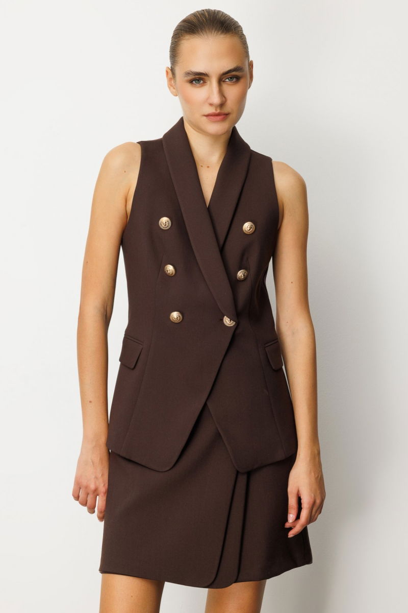 Ekol Kadın Kruvaze Yaka Kapak Cepli Yelek 5009 Kahverengi - Ekol