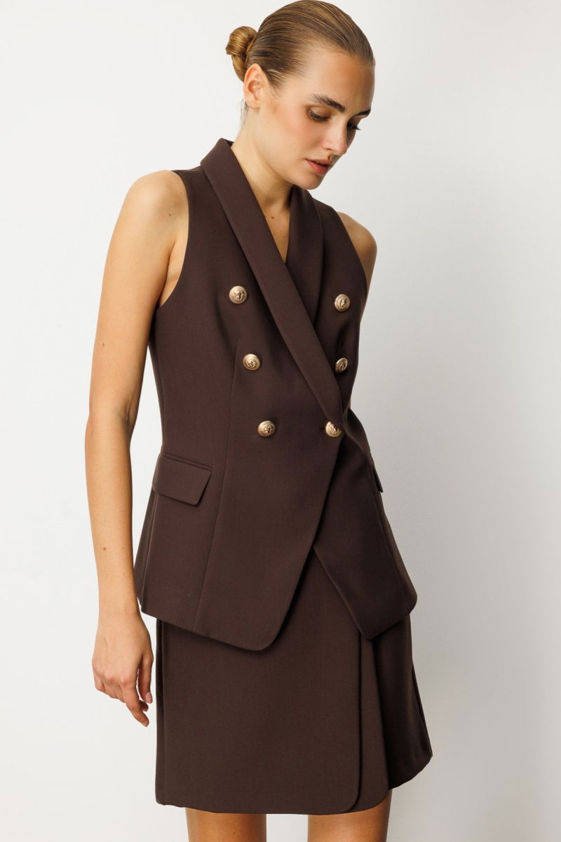 Ekol Kadın Kruvaze Yaka Kapak Cepli Yelek 5009 Kahverengi - 2