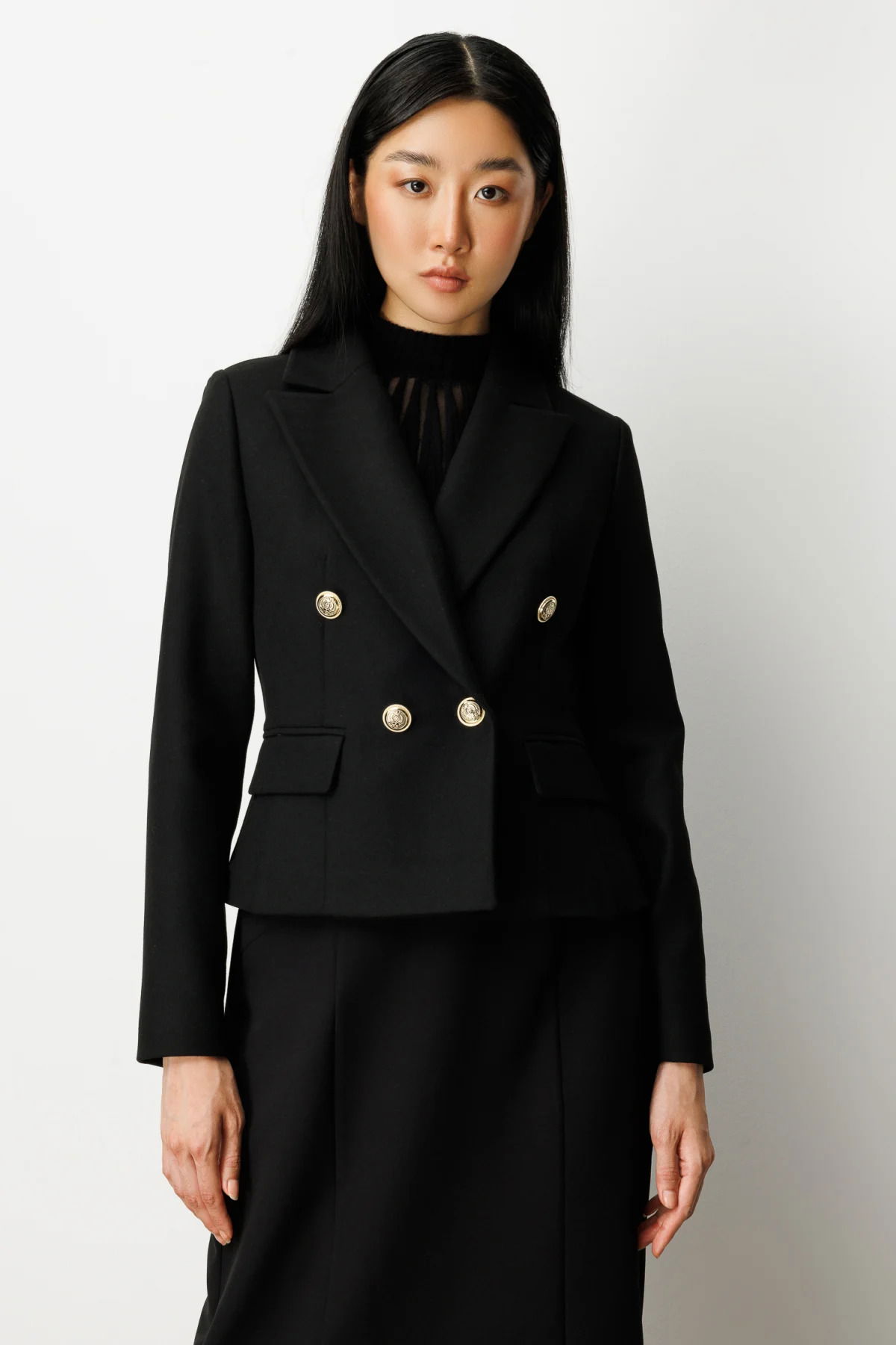 Ekol Kadın Kruvaze Yaka Kaşe Ceket 5073 Siyah - 1