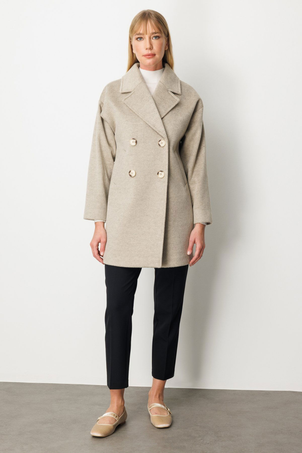 Ekol Kadın Kruvaze Yaka Kaşe Kaban 6049 Vizon - 1