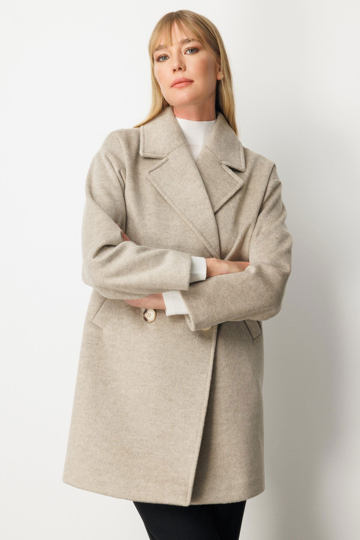 Ekol Kadın Kruvaze Yaka Kaşe Kaban 6049 Vizon - 2