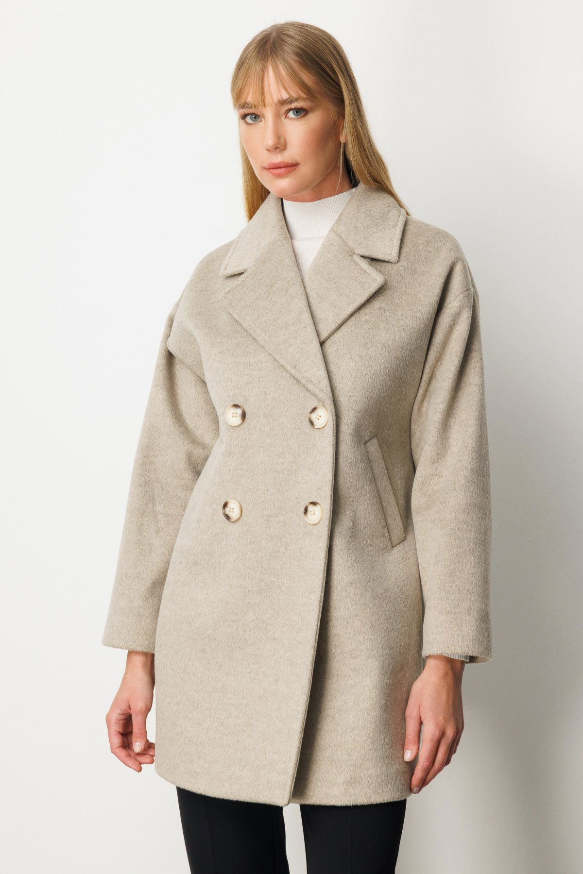 Ekol Kadın Kruvaze Yaka Kaşe Kaban 6049 Vizon - 3