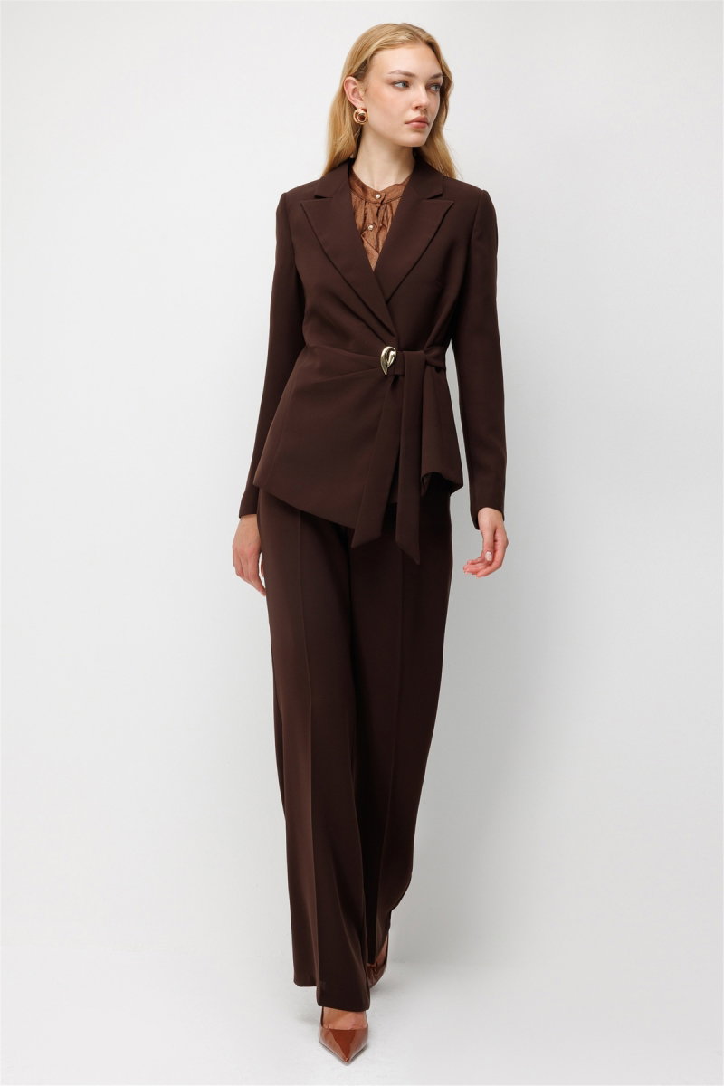 Ekol Kadın Kruvaze Yaka Kuşaklı Ceket Kahverengi - 3
