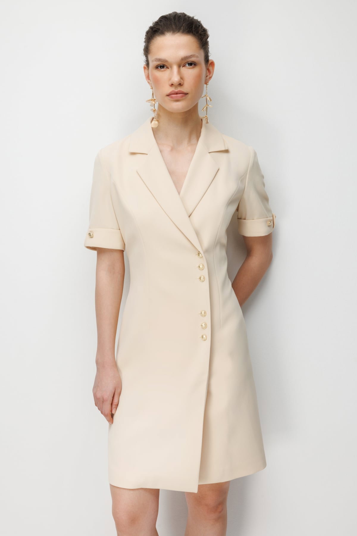 Ekol Kadın Kruvaze Yaka Metal Düğmeli Elbise 6020 Krem - 2