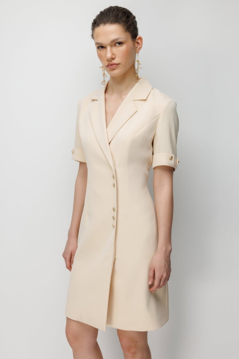 Ekol Kadın Kruvaze Yaka Metal Düğmeli Elbise 6020 Krem - 3