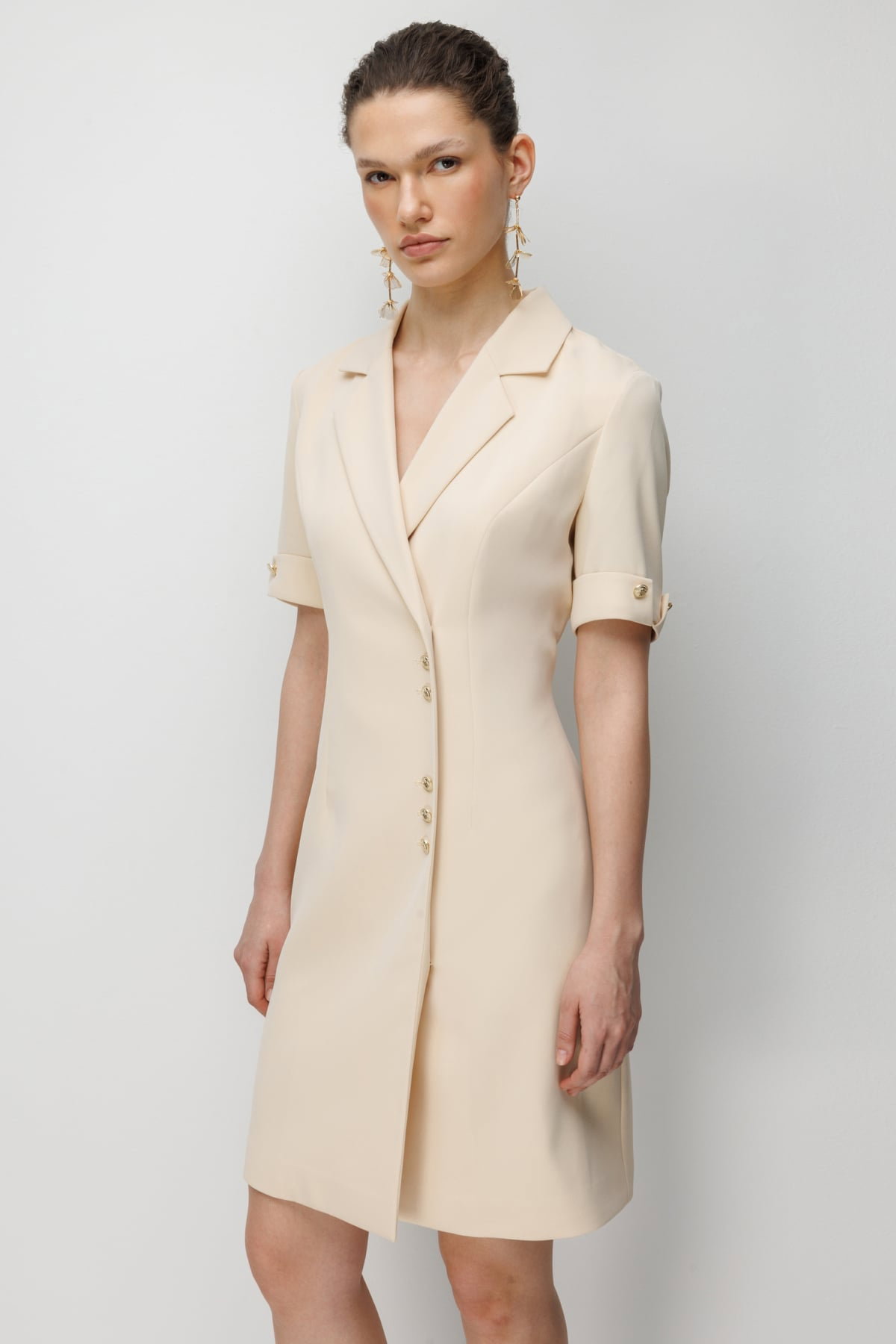 Ekol Kadın Kruvaze Yaka Metal Düğmeli Elbise 6020 Krem - 3