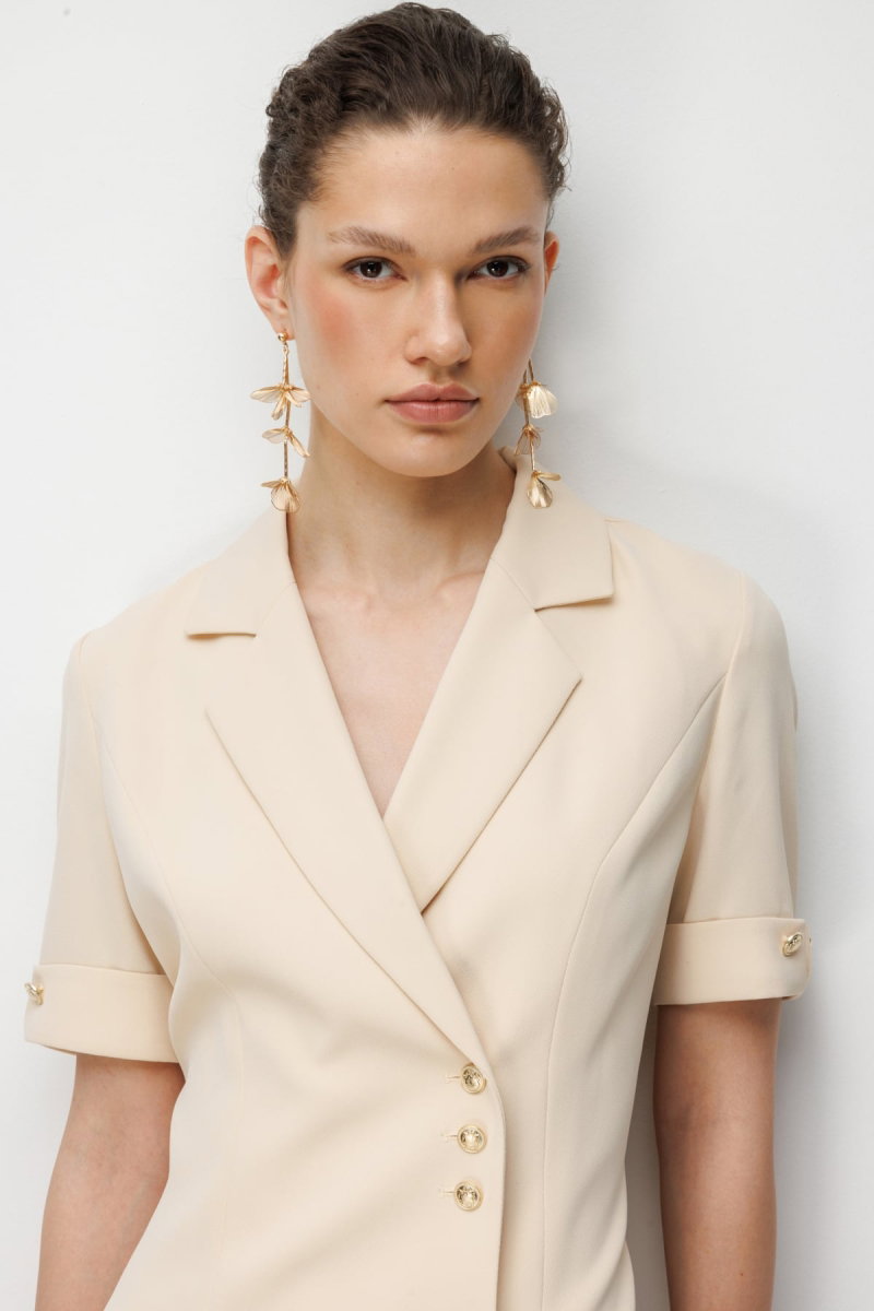 Ekol Kadın Kruvaze Yaka Metal Düğmeli Elbise 6020 Krem - 4