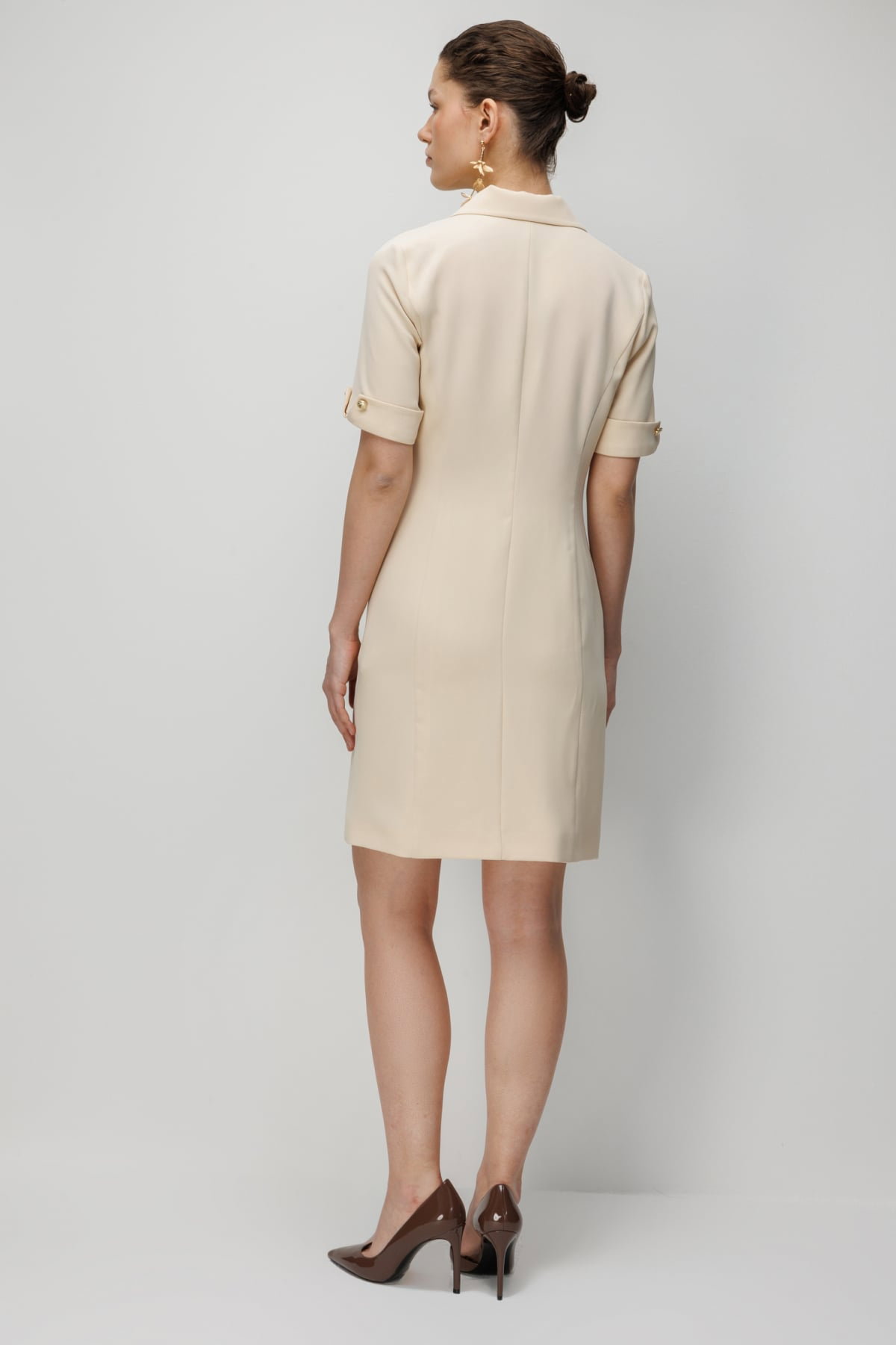Ekol Kadın Kruvaze Yaka Metal Düğmeli Elbise 6020 Krem - 5