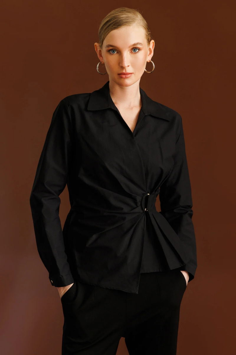 Ekol Kadın Kruvaze Yaka Önü Tokalı Bluz 3047 Siyah - Ekol