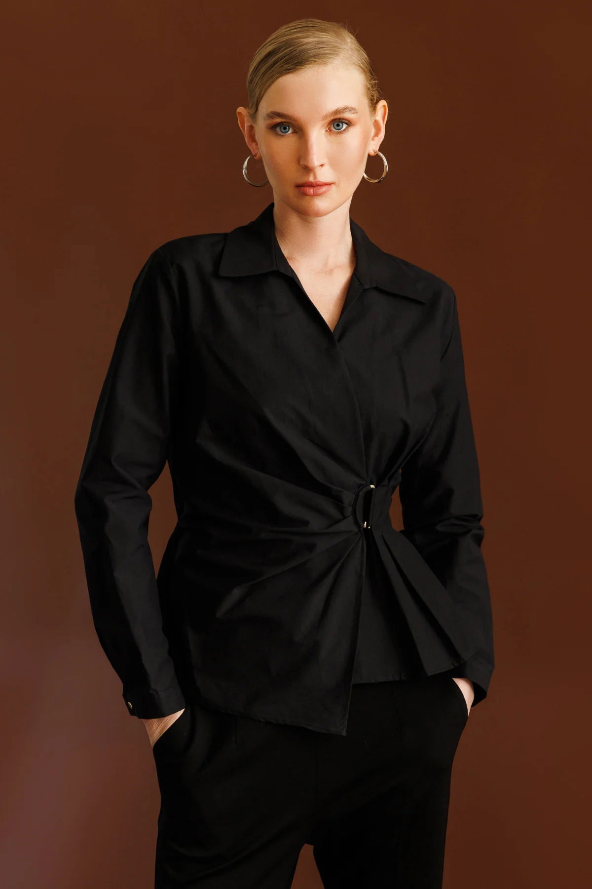 Ekol Kadın Kruvaze Yaka Önü Tokalı Bluz 3047 Siyah - 1