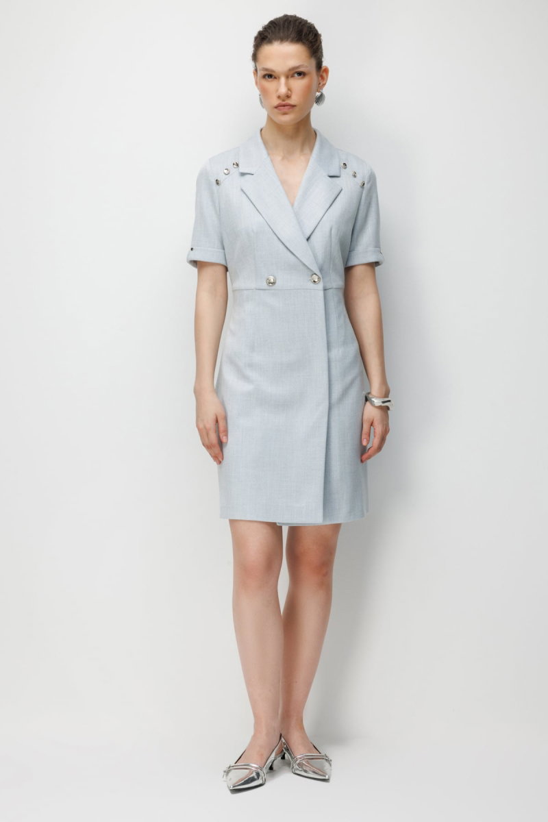 Ekol Kadın Kruvaze Yaka Süs Düğmeli Midi Elbise 6016 Blue 