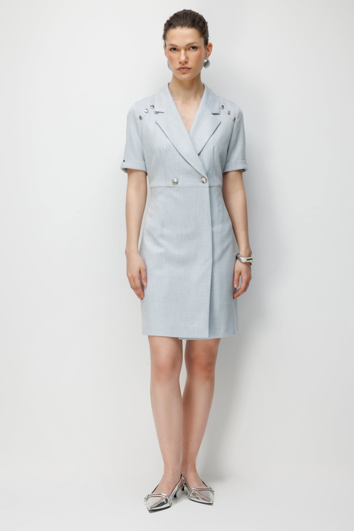 Ekol Kadın Kruvaze Yaka Süs Düğmeli Midi Elbise 6016 Blue - 1